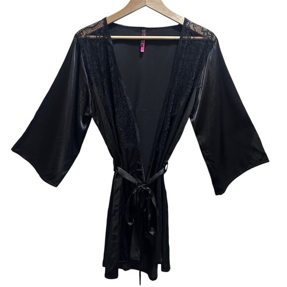 Seven 'till Midnight Black Robe O/S Satiny Lace Eyelash Wrap Intimate Feminine - Picture 1 of 6